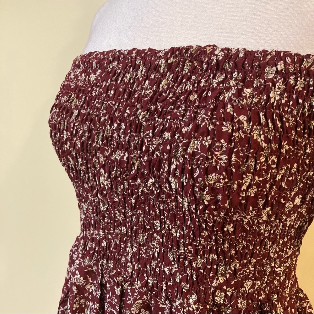 Off Shoulder Burgundy Floral Smocked Dress Two Front Slits Short Sleeves - Picture 5 of 5